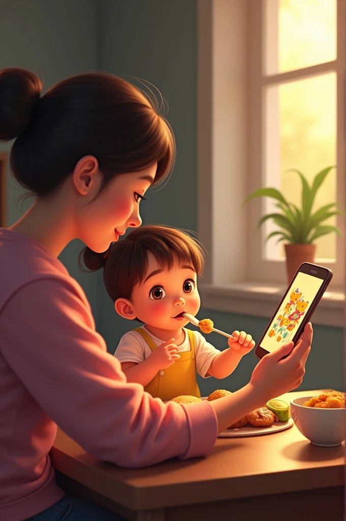 Mother giving food to 2 year old child and child watching cartoon on mobile.grandhather kerp monile phone on hand and child baby girl watching in room