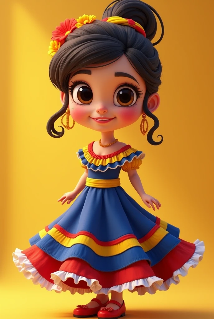 Animated girl with Colombian flag and wearing a cumbia dress