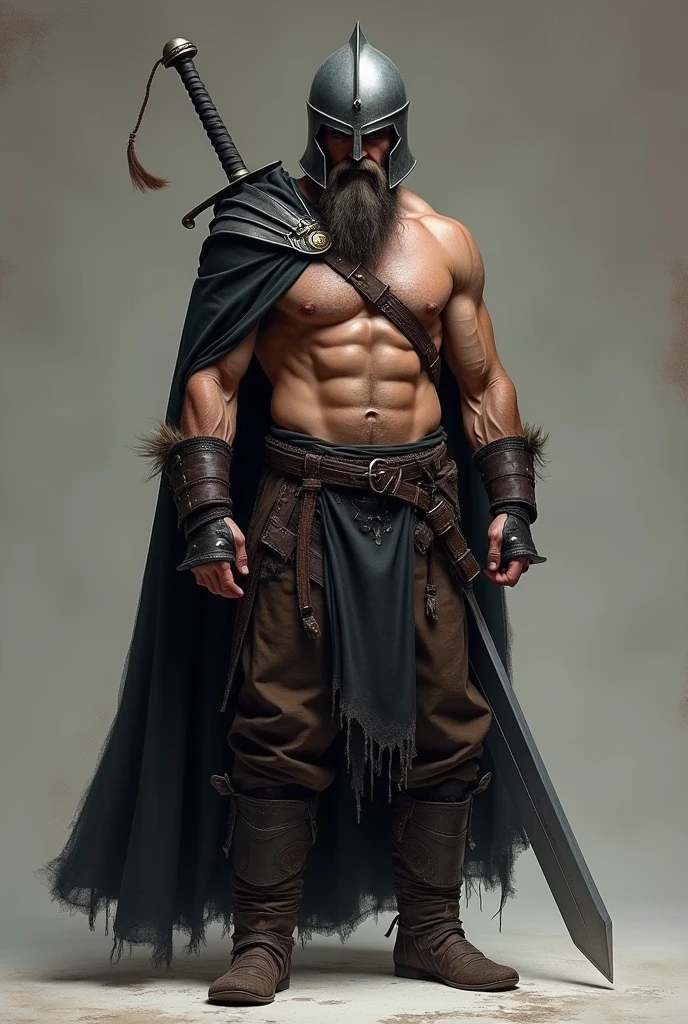 medieval barbarian 2 meters tall, brawny. shaved hair and a slightly long beard. in pants and boots. shirtless wearing a large black cloak, with a large sword on his back, helmet to hide the face
