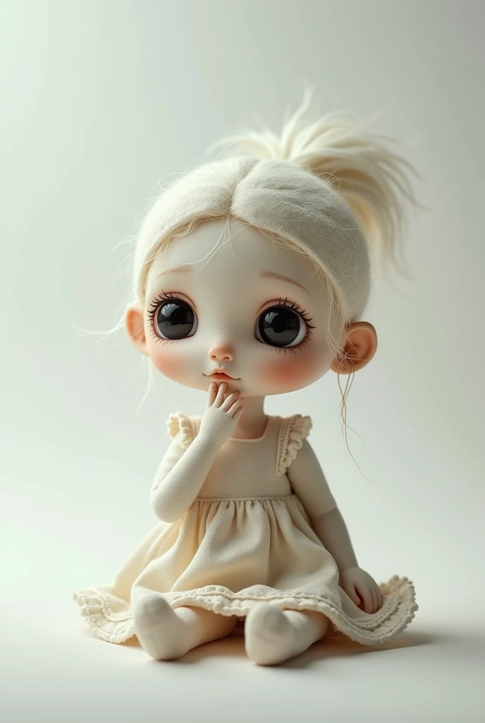 Create an image of a little doll thinking on a blank screen