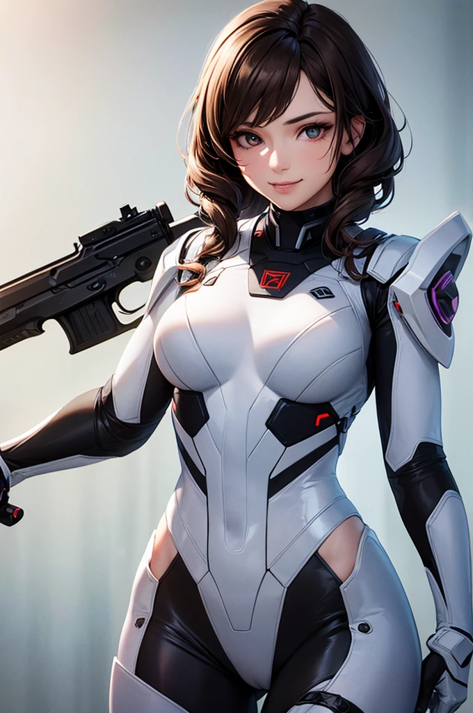 High quality, ultra-realistic images of women. The woman is of mixed Native American and Jewish descent.. Powerful Features, Fair skin. Dark brown curly hair, Dark Eyes. The woman is wearing a semi-futuristic combat suit.. She has a gun and a knife strapped to her body.. Beautiful woman smiling. Her eyes shine with hatred.