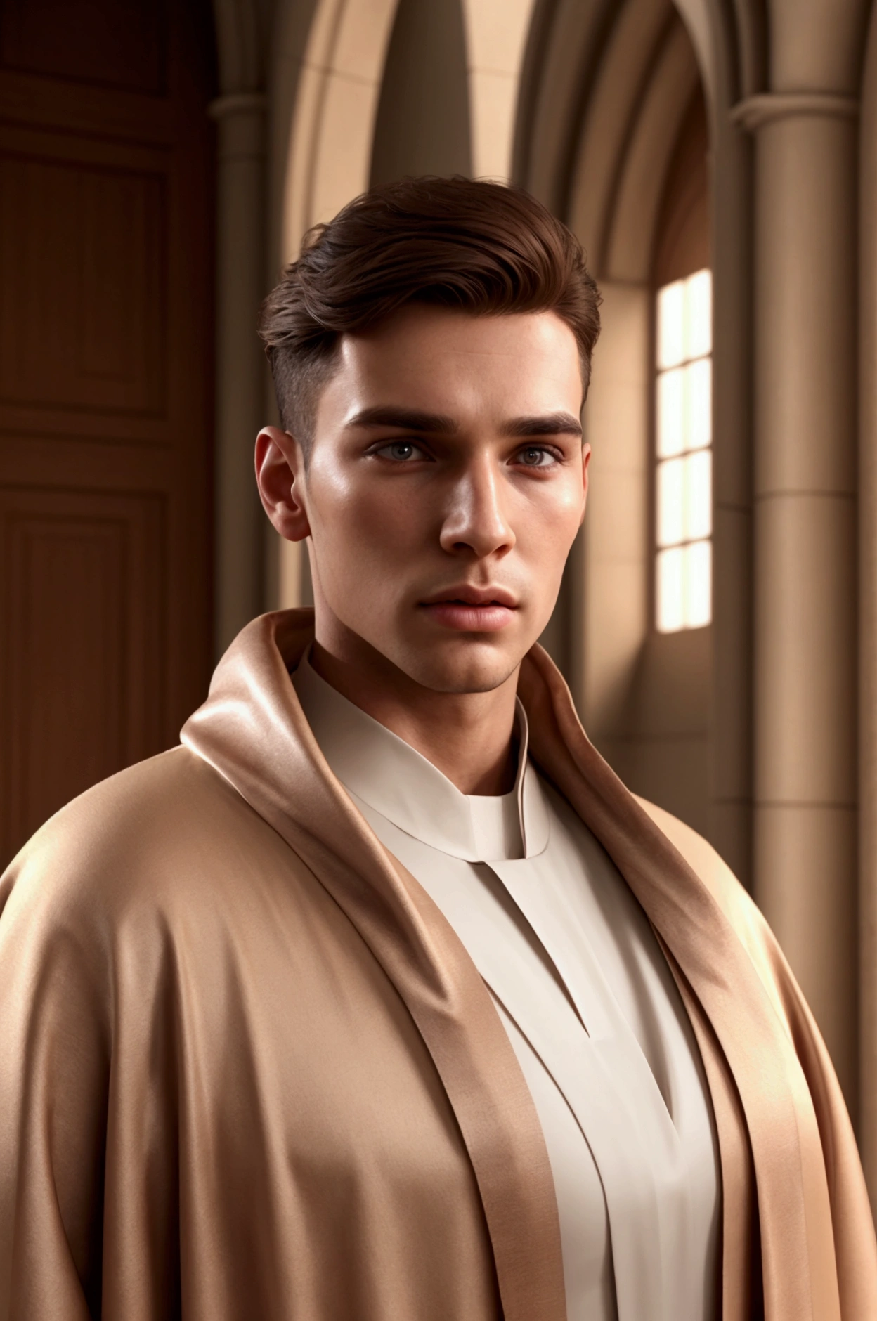 handsome young man, perfectly formed facial features, marvellous looks, unkempt brown hair, smooth beautiful skin, full lips, clerical robes, lust hidden in extraordinary looks, long square jaw, long eyelashes,best reality,detailed face,best quality,3d model