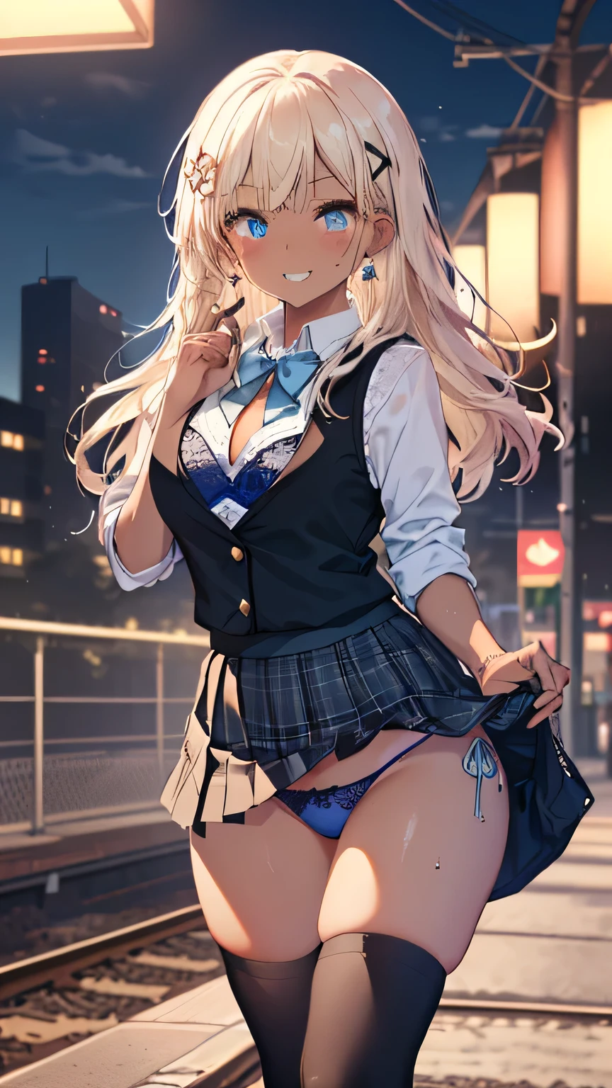 (8k、Best image quality、Highest quality、masterpiece)、Detailed face、1 girl、Improve、((Brown Skin:1.3))、bionde、Long Hair、Scrunchie、Yellow Eyes、Earrings、Wicked Smile、((Grin))、Big Breasts、((White collared shirt))、((Open clothes))、Leopard print bikini、((黒のPleated skirt、((mini skirt))、cowboy、Classroom Background　　 ((Skirt flip))Roll up your skirt　Have your photo taken　camera　crowd　garden　Standing on the tracks　((Skirt flip))Roll up your skirt ,Open clothes,Collared shirt,Sweater vest, Plaidプリーツmini skirt, Knee socks ,Black trousers、Lace Underwear((Light black lace panties))、Black panties、 Detailed face、One Girl、Frills、Black Ribbon、, (Very detailedな:1.2), (Very detailed:1.3), Blue eyes, String ribbon, High Waist Skirt, blouse、Frills、jirai kei attire、Spread your legs々々Time spent surrounded、Fat man　((Semen from the female genitals:1.2))Exposed nipples, Breast milk, clitoris, White pee, semen, Love Juice, clitoris, White urine, semen, (Glowing Skin,Oily skin,Glowing Skin),(Perfect Anatomy),Open your mouth,Cute pose,Midnight Downtown,Lots of neon lights,Urban hustle and bustle　She confessed, at least, lift up the skirt、 (Mid-chest:1.2), BREAK skirt, Knee socks, bow, red bow, , Jacket, Pleated skirt, black Knee socks, zettai ryouiki, Plaid, Plaid skirt, blazer, BREAK looking at viewer, BREAK outside, BREAK (masterpiece:1.2), Highest quality, High resolution, unity 8k wallpaper, (shape:0.8), (Dense and beautiful eyes:1.6), Very detailed face, Perfect lighting, Very detailedなCG, (Perfect hands, Perfect Anatomy), blush、Sweat、Mouth mask、Black mask、 Looking at the audience, abdomen, Contrasting, COWBOY Shot, ahegao, ahegao,Light Blue Bra、Light blue underwear、Light Blue Pants、((Light blue lace panties))、Sexy pose　attractive、Black Knee Socks、 Panty shot、Head to Toe、Shape from a little below、Light blue panties、((Light blue lace panties)),Sexy pose,Shape from a little below、lift up the skirt、Show me your underwear、Under the spotlight、delicate underwear、(((Show off your underwear)))、Spread your legs、Detailed pile of garbage in the background、、Dark Room、Scatterでg of food waste、(Used condom litter:1.4),absurdes, High resolution, (Anime Style:1.1), ((Tabletop)), ((Highest quality)), (Very detailed), (beautiful), alone, beautiful face、(lift)、(Sitting on trash in an incredibly dirty room、cute operation smartphone:1.4)、The room is full of rubbish、Garbage containing rolled up tissue、There are also cockroaches、Dirty room、Love Hotel、