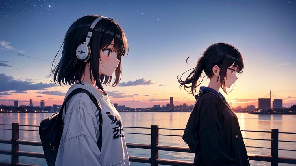 Enjoy boat racing at Suminoe Boat Races。A young girl with black hair wearing stylish clothes and headphones labeled "lo-fi" The girl is shown in profile, gazing into the distance with a calm, relaxed expression Background depicts the iconic scenery of Namba, Osaka at night, without any text on signs A starry night sky adding to the peaceful atmosphere Overall mood is quiet and serene, perfect for lo-fi music Detailed hair rendering and careful attention to the girl's fashionable outfit The entire scene should evoke a relaxing, introspective feeling associated with lo-fi music