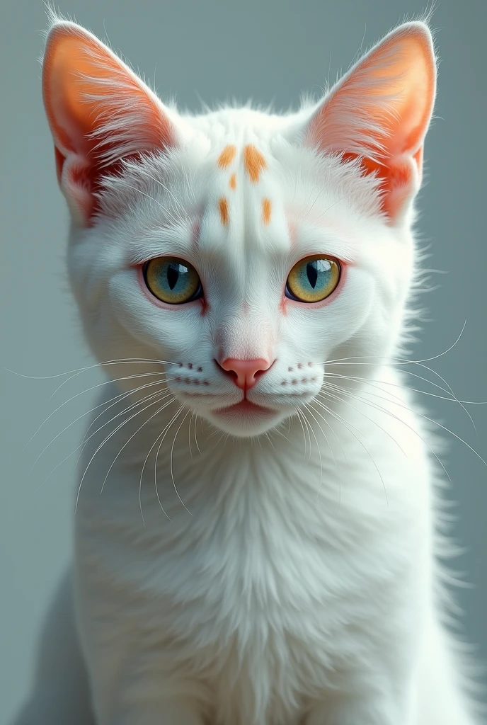 Image of a smart cat with white spots and blue and yellow odd eyes. The spots are on the face above the eyes and around the forehead.