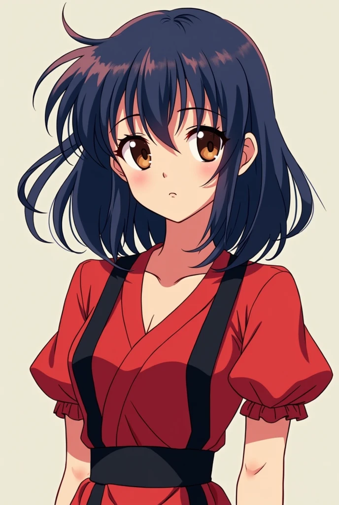90’s anime girl with dark blue violet hair with light brown eyes medium length with bangs wearing red and black dress