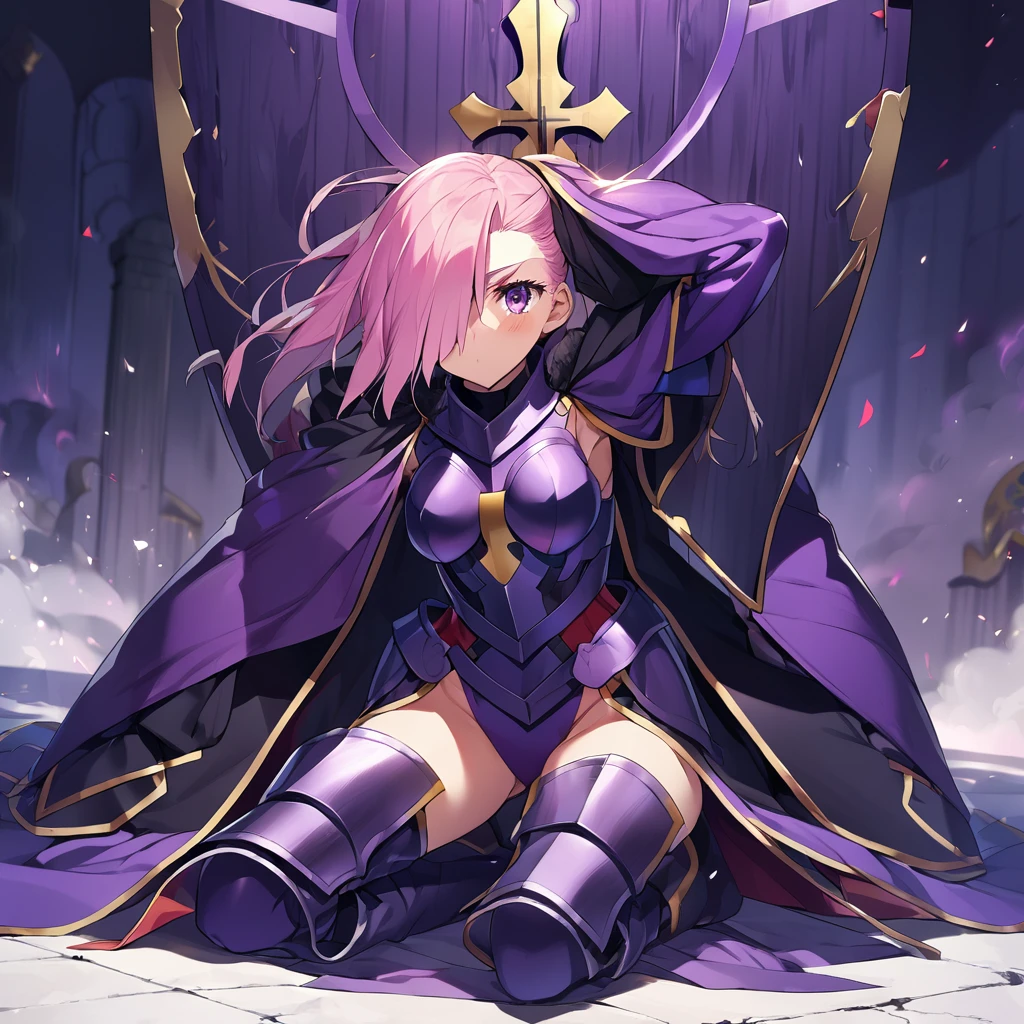 1girl(fate grand order, mash, hiding one eye to hair, pink short hair, deep purple armor, sleeves, long boots), shield(big cross decoration, deep purple)