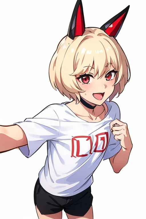 (masterpiece, Highest quality:1.2),(perfection5refer、Full Leg)、 alone,Shota,boy、,(Flat Chest、),Blonde,,otoko no ko,Femboy,Red eyes,Nao Homare,,beautiful、Fighting Style、From above,naked,smile、Open your mouth、White Background、T-Shirts、Shorts、Selfie