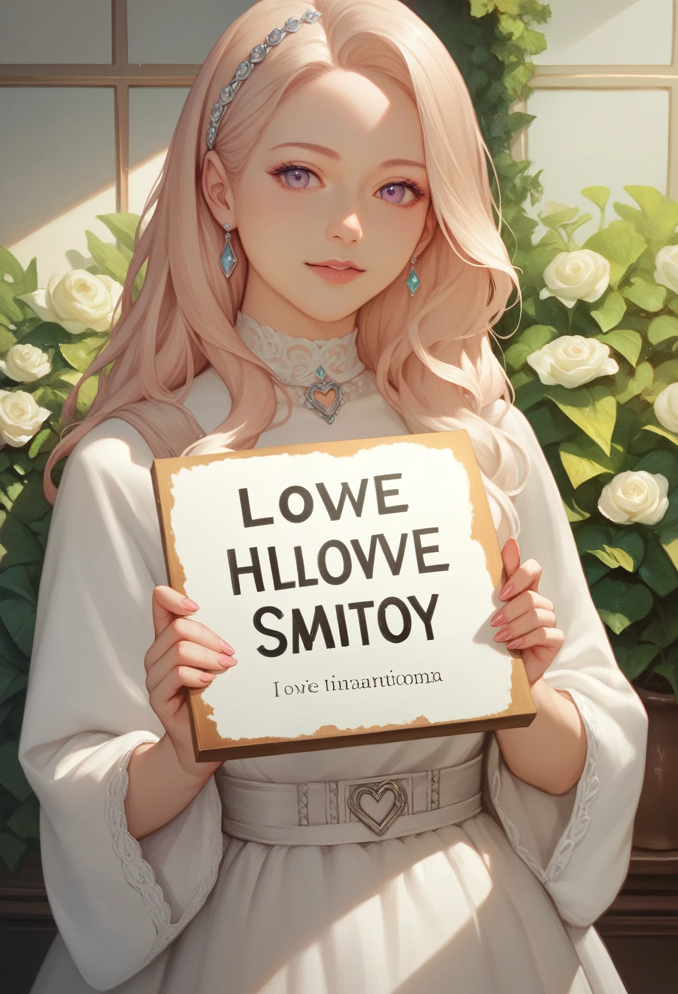 A beautiful and lovely lady holding a sign "I love infinity", hapiness, hapiness的, Anime Illustrations, Reality, painting