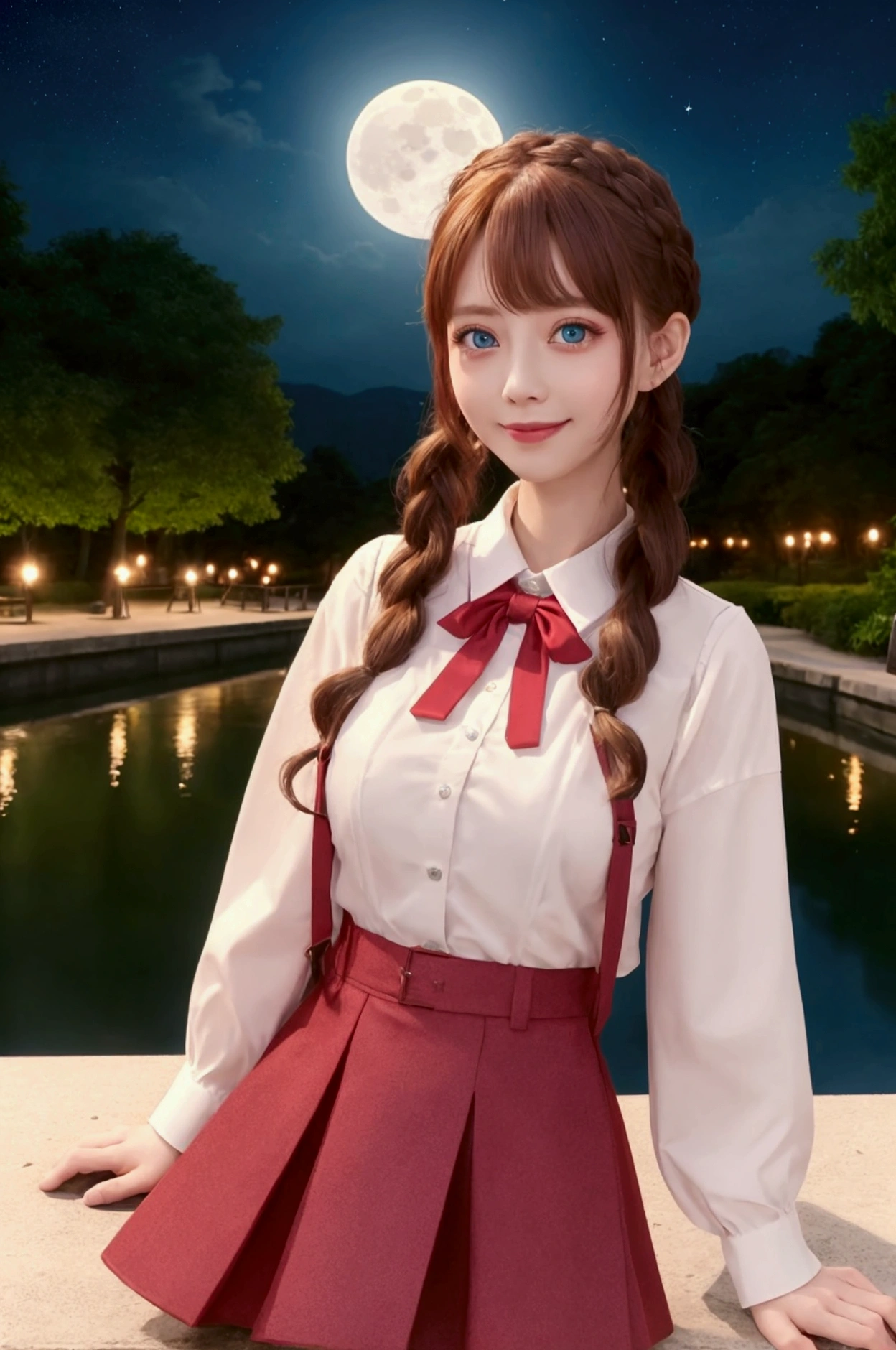 A woman with half-up hair in a reddish pink style。Blue eyes、have big eyes。Her outfit is a white blouse and a red vest.、short green skirt。Star-shaped hairpins around her temples。The face is smiling。Style『The Quintessential Quintuplets』With a realistic art style similar to、Use warm tones in your colors。In the background is a lake in the park illuminated by a full moon night。