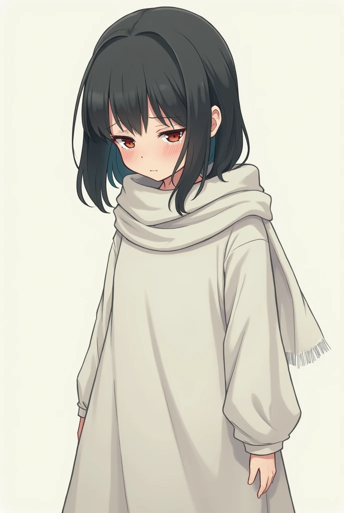 anime kid girl mid hair wearing a long white hospital gown and a scarf her head down without eyes with fear in her eyes with tears flowing down her cheeks