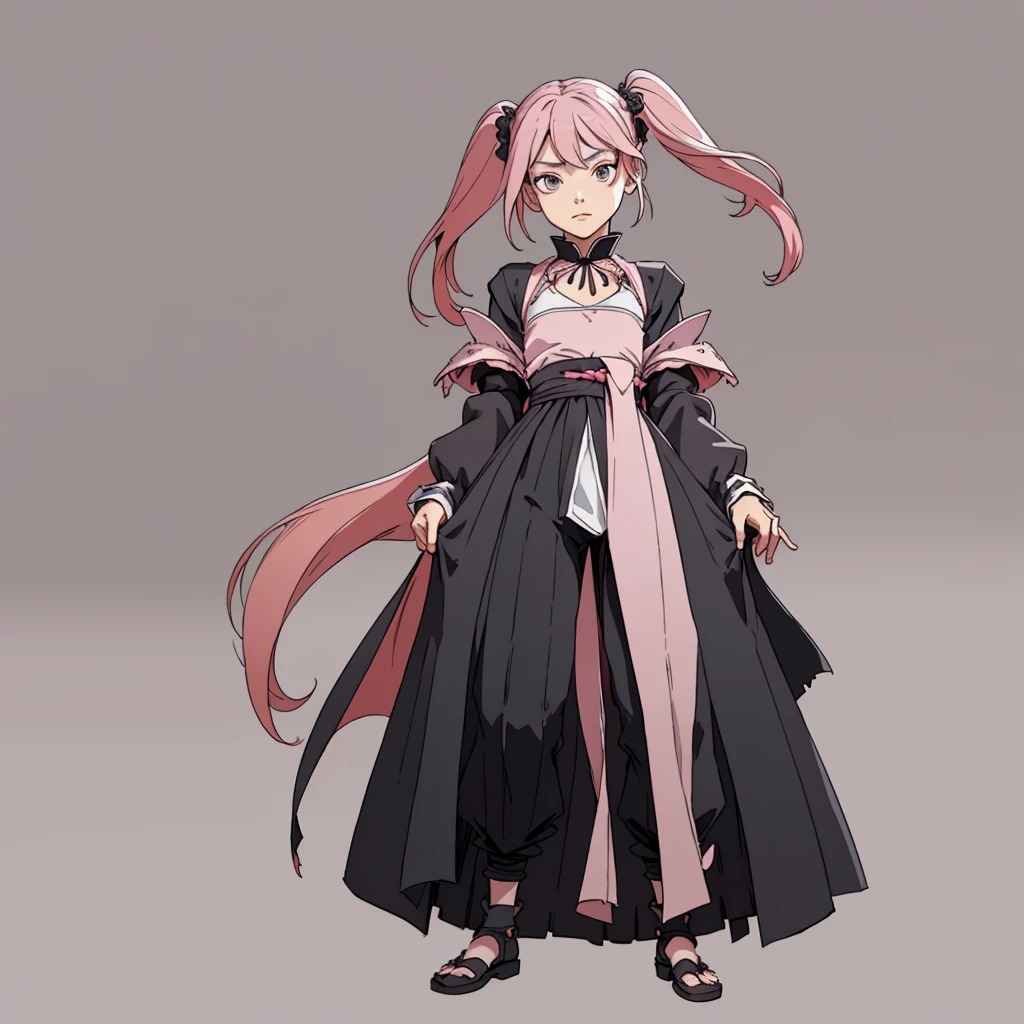 (masterpiece), (best quality),(portrait),1girl,solo,(sharp focus),(look at viewer), sazanami, two side up,twin tails,rose pink hair, flat chest, full body view,ancient long clothes,black outfit,rogue outfit,black ribbons,old school fantasy art,((simple background)),(gray background),