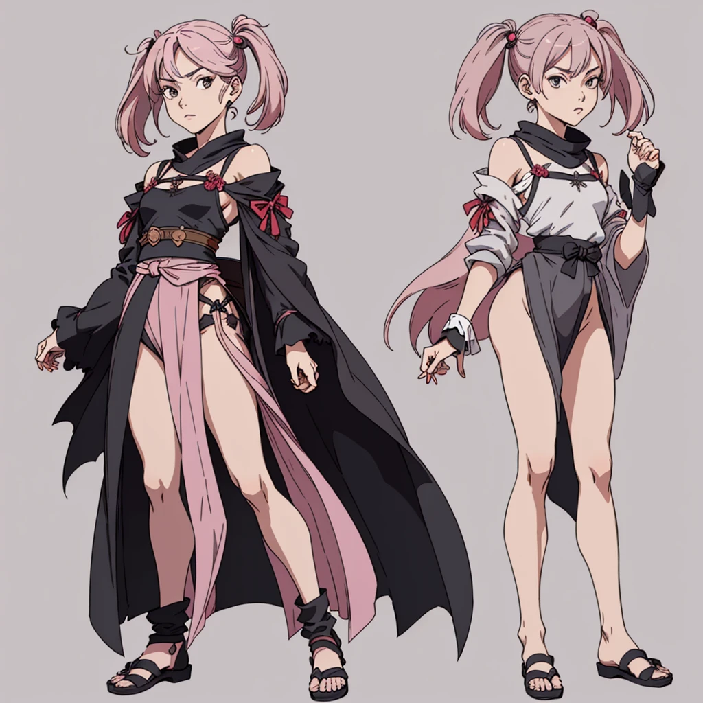(masterpiece), (best quality),(portrait),1girl,solo,(sharp focus),(look at viewer), sazanami, two side up,twin tails,rose pink hair, flat chest, full body view,ancient long clothes,black outfit,rogue outfit,old school fantasy art,((simple background)),(gray background),