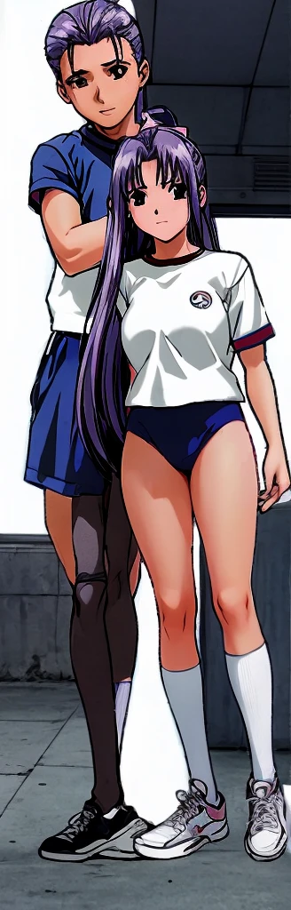 Momoko Koigakubo, a tall girl with beautiful legs, is wearing white gym clothes and light navy blue bloomers that look like panties, and is standing with her legs spread apart with a smile.。Momoko Koigakubo is holding a girl in gym clothes。