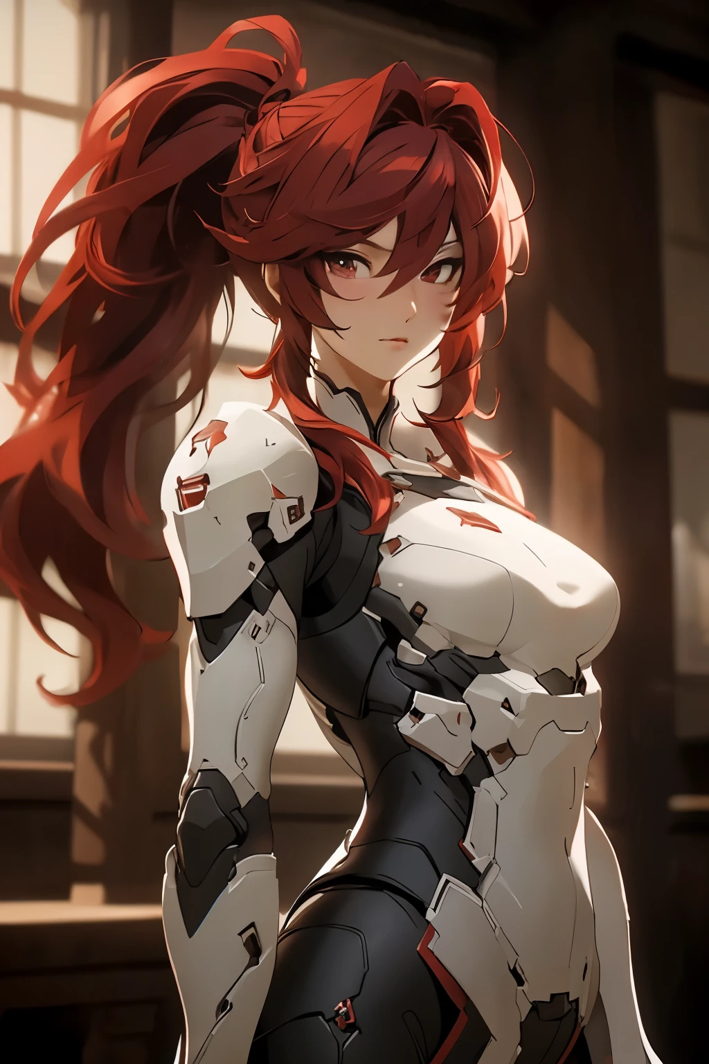 ((best quality)), ((Masterpiece)), (details:1.4), 3d, HDR (high dynamic range), mature woman, เหมือนจริง, High Ponytails, Red hair, Red eyes, จมูกโด่ง, ปากแดง PBR surface, After processing, Anisotropic filtration,depth of field, Maximum clarity and clarity, multi-layered surface, perfect proportions, 8K raw files, holy paladin, Heavy Black armor, Fierce, ในโบสถ์, หมวกพาลาดิน