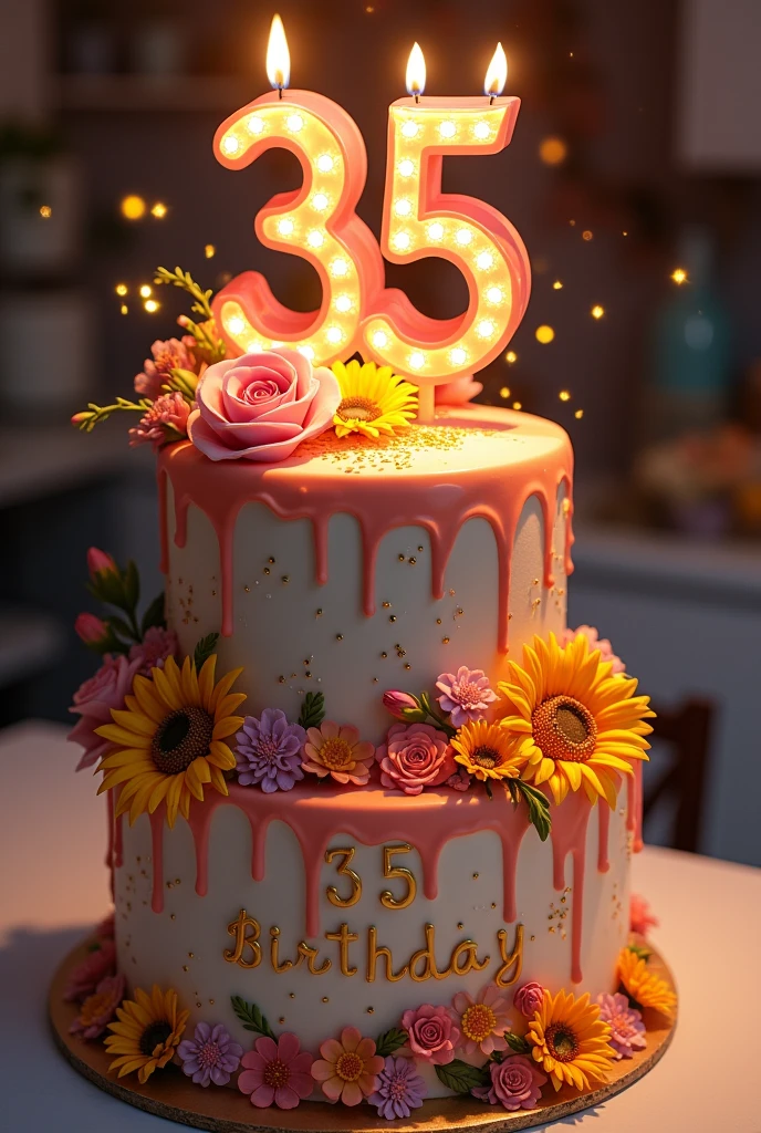 A 2-tier cake with Ebby&#39;s name on it with a sign above the cake that says Happy Birthday and the number 35 as a rose-themed candle on the cake, flowers and sunflowers, with lots of sparkles 