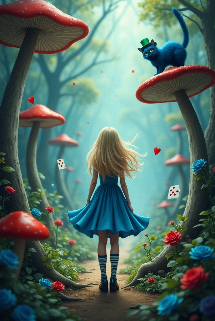 A movie poster, com uma de cabelos loiros e olhos blue, turned back, wearing a blue dress, striped socks and black shoes, in a forest with giant mushrooms and red flowers, blue, roses and etc.. A blue cat smiling at her from atop a tree, a green top hat on top of a mushroom,
Also several playing cards falling from above