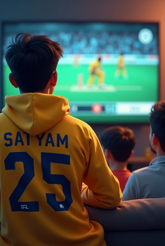 Image cricket watching in televisnion young men men name Satyam jersey number 25 yellow hoodie side face without weared name Satyam