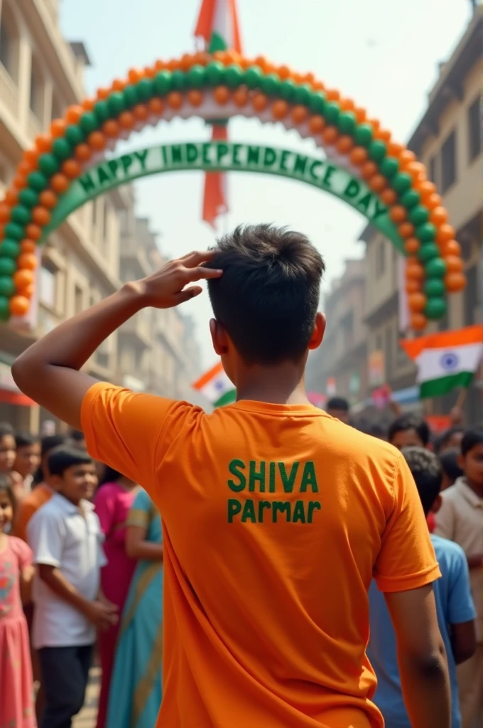 In a bustling town square, 18-year-old Vikram salutes the Indian flag as it's being hoisted. He's wearing a saffron t-shirt with "shiva parmar " embroidered in green on the sleeve. Around him, a diverse group of children wave small flags. A decorative arch in the background says "Happy Independence Day". 4K image.