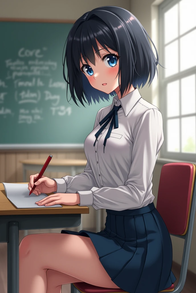 an anime woman with short completely black hair, blue eyes, wearing a skirt and with a very developed body and old woman sitting at the table if a school desk