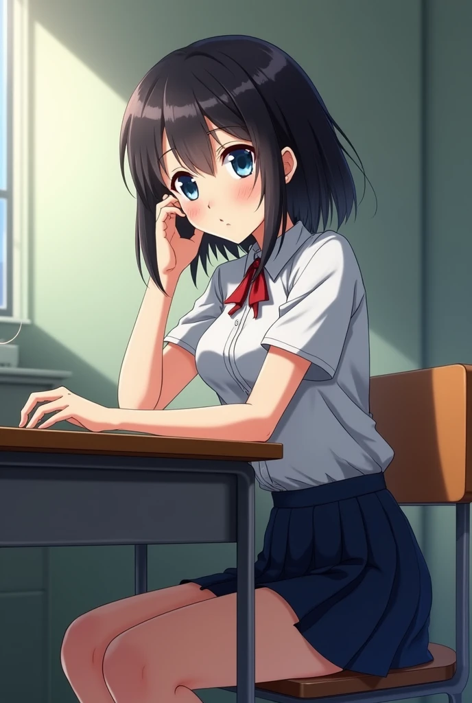 an anime woman with short completely black hair, blue eyes, wearing a skirt and with a very developed body and old woman sitting at the table if a school desk