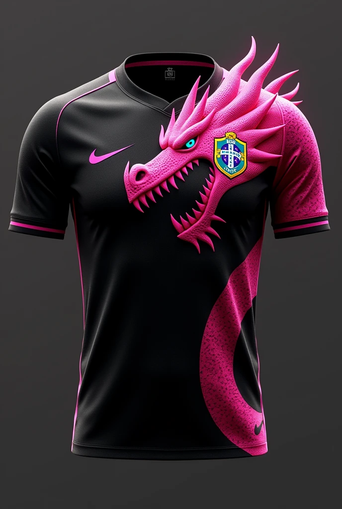 Brazilian football uniform ,with the color black and a giant pink dragon with pink scales on the right shoulder and the Nike brand