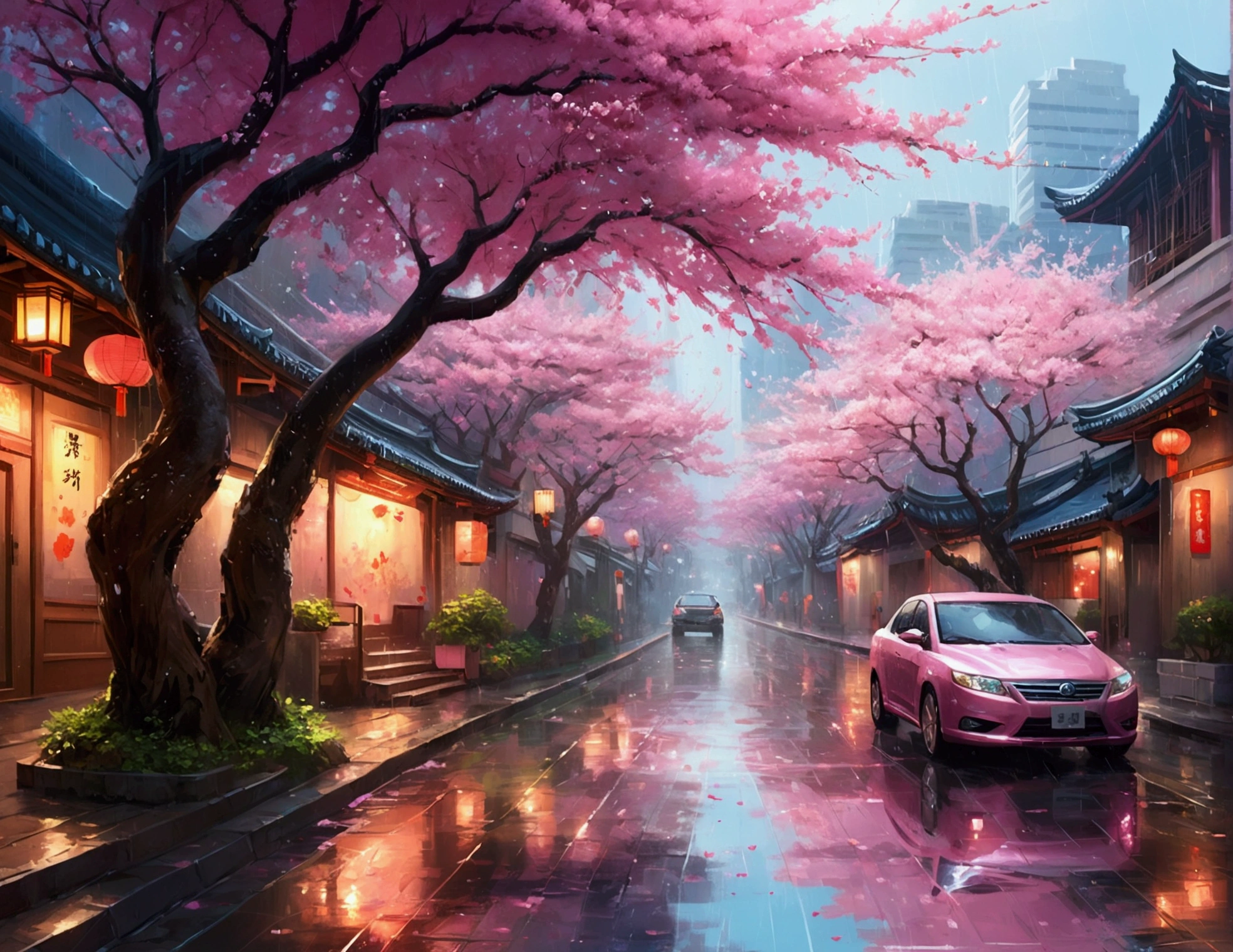 Rain on the city streets、There is a tree with pink flowers, Cherry blossom rain falls everywhere, Detailed painting 4k, 🌺 society, Beautiful digital art, Ross Tran. Landscape Background, Background artwork, Highly detailed digital painting, Dreamy city in China, Written by Len Mei, Cherry blossoms fall, By Liang Kai, Beautiful digital painting