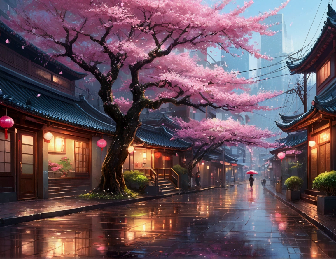 Rain on the city streets、There is a tree with pink flowers, Cherry blossom rain falls everywhere, Detailed painting 4k, 🌺 society, Beautiful digital art, Ross Tran. Landscape Background, Background artwork, Highly detailed digital painting, Dreamy city in China, Written by Len Mei, Cherry blossoms fall, By Liang Kai, Beautiful digital painting