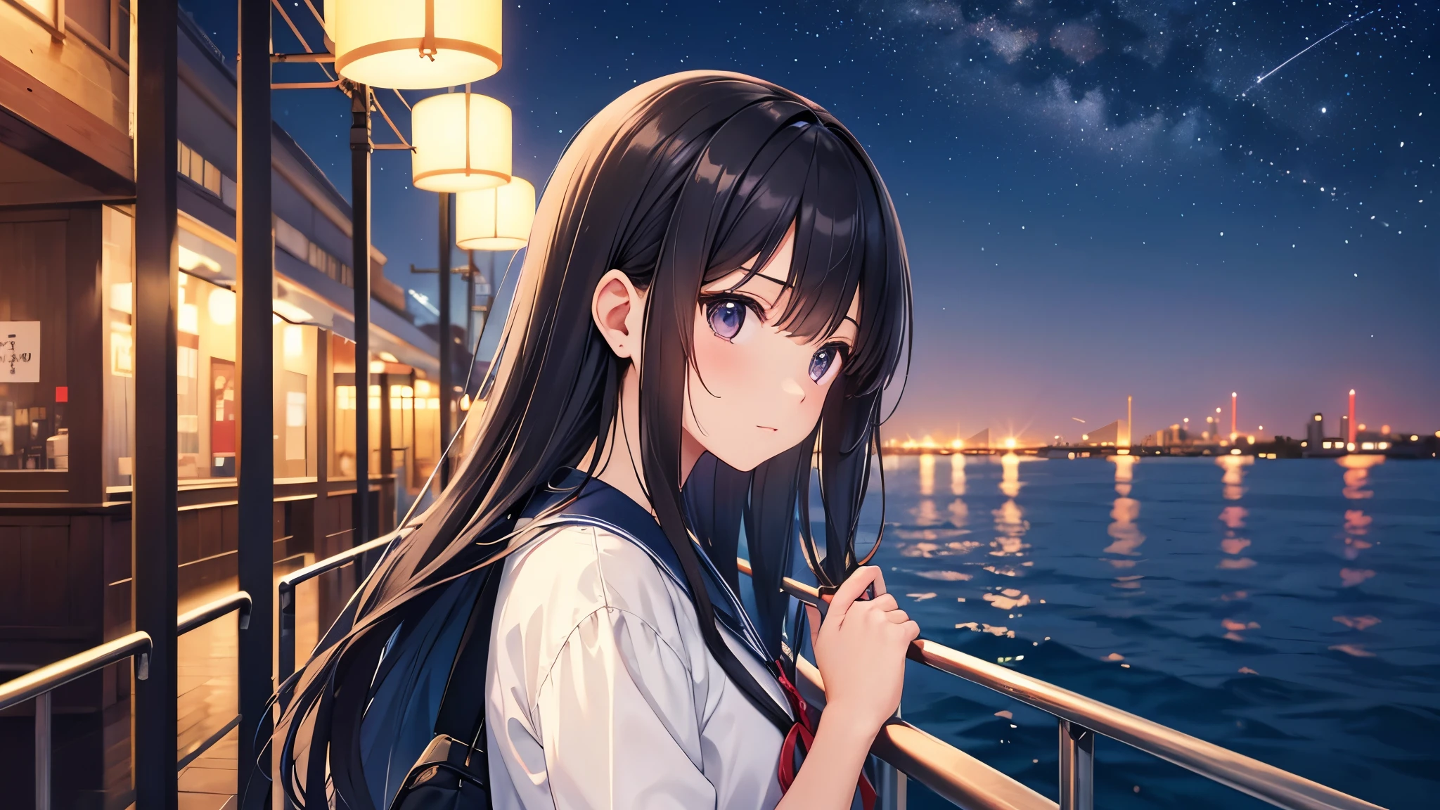 Enjoy boat racing at Suminoe Boat Races。A young girl with black hair wearing stylish clothes and headphones labeled "lo-fi" The girl is shown in profile, gazing into the distance with a calm, relaxed expression Background depicts the iconic scenery of Namba, Osaka at night, without any text on signs A starry night sky adding to the peaceful atmosphere Overall mood is quiet and serene, perfect for lo-fi music Detailed hair rendering and careful attention to the girl's fashionable outfit The entire scene should evoke a relaxing, introspective feeling associated with lo-fi music