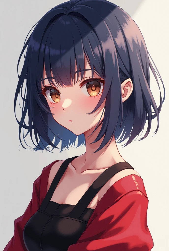 anime girl with dark blue violet hair with light brown eyes medium length with bangs wearing red and black dress