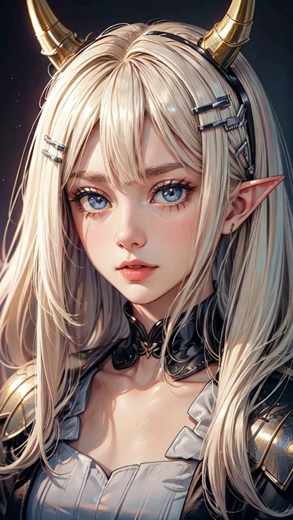 girl, adult woman, Alone, g0ld3mb, air, (platinum blonde hair) hair, hime cut, (kawaii hair clips:1.2) high quality, Best Quality, high resolution, High detail, (airen aura magic), hair uplifted, horns, detailed face, detailed eyes, detailed hands, full body, elf woman