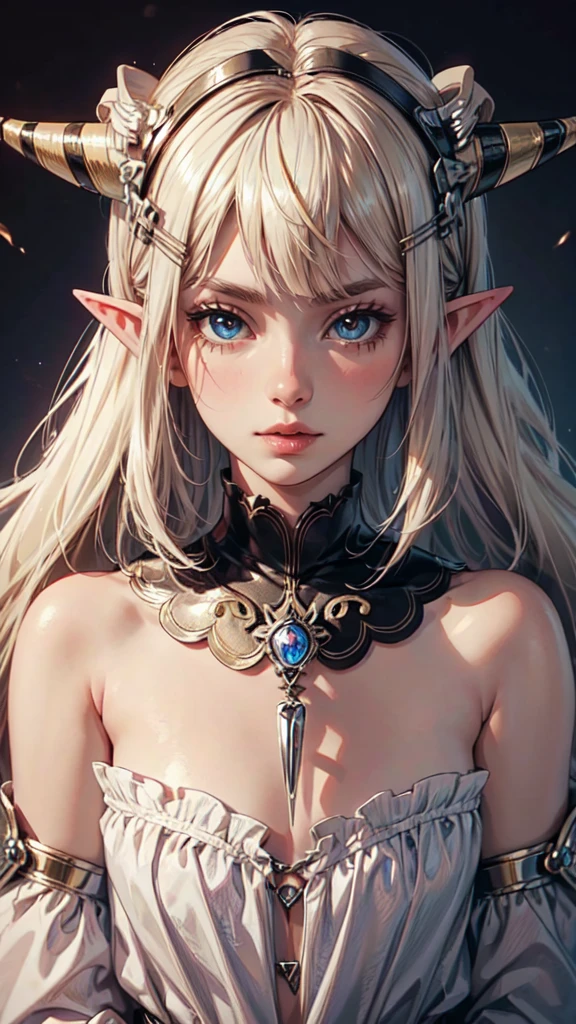 girl, adult woman, Alone, g0ld3mb, air, (platinum blonde hair) hair, hime cut, (kawaii hair clips:1.2) high quality, Best Quality, high resolution, High detail, (airen aura magic), hair uplifted, horns, detailed face, detailed eyes, detailed hands, full body, elf woman