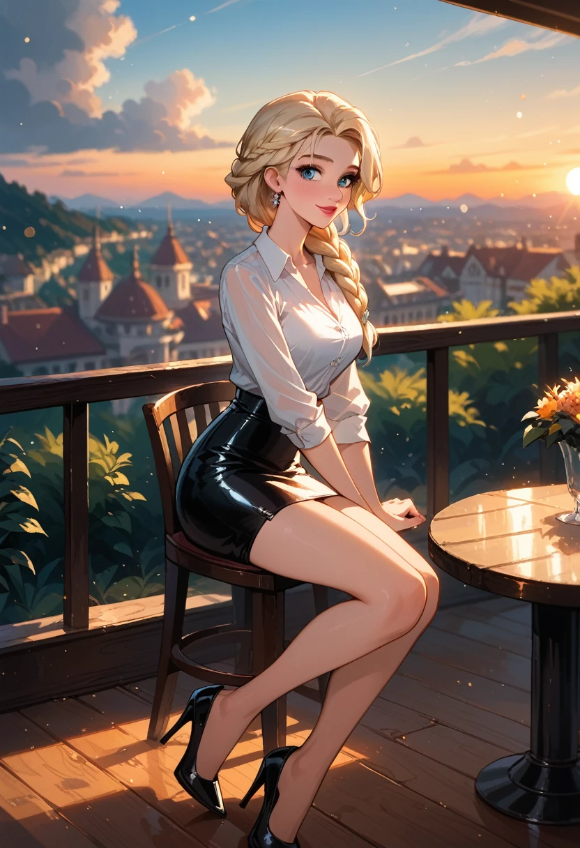 score_9, score_8_up, score_7_up, score_6_up, cinematic film still, 1girl, mature elsa (blonde hair, braid:1.1), tight_black_leather_skirt, white_blouse, black_high_heels, in a beautiful restaurant, on the balcony, (cinematic lighting:1.2),, (sunset:1.2), shallow depth of field, vignette, highly detailed, high budget, bokeh, cinemascope, moody, epic, gorgeous, film grain, grainy, flirting, sitting.