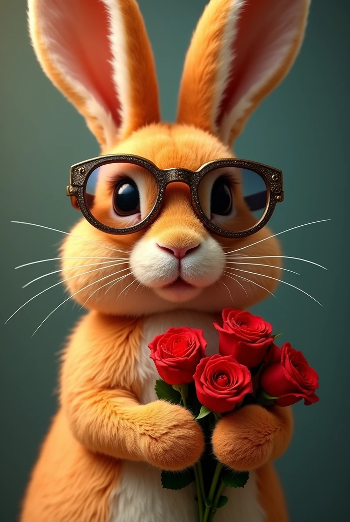 Orange hare with his Santa Rosa de Lima-themed airplane pilot glasses from Peru and his red roses in his hands