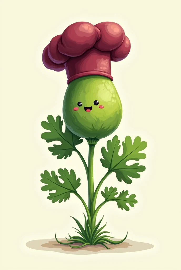 A parsley with a burgundy chef's hat