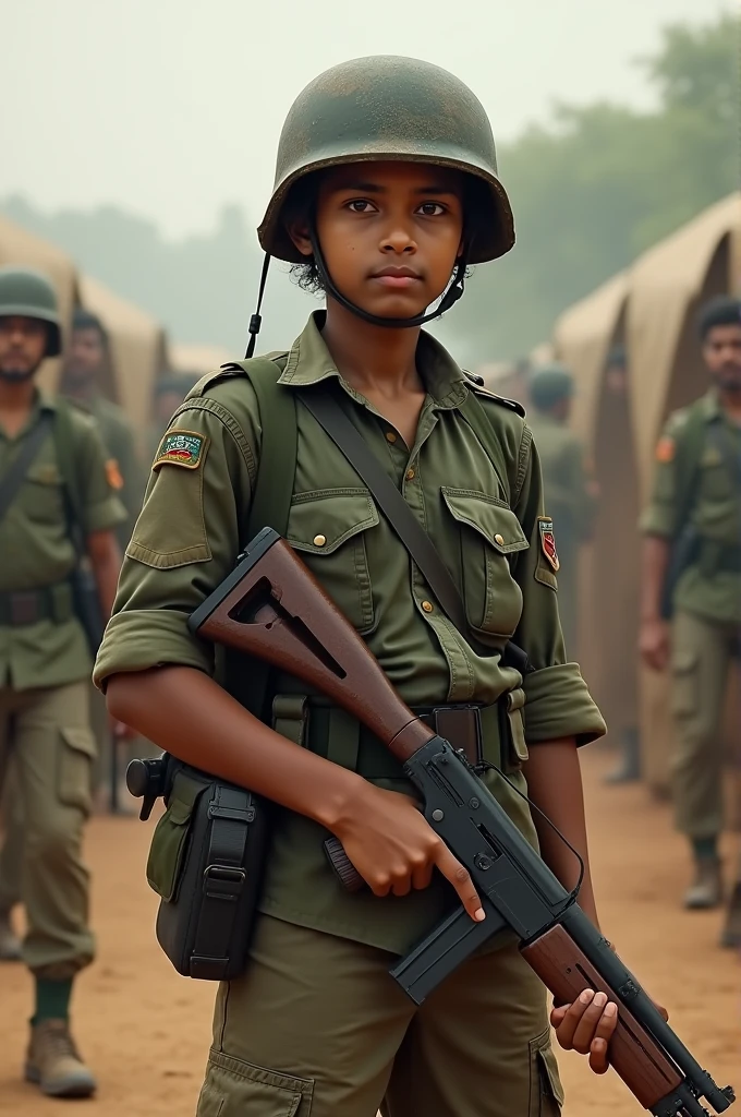 Ok image of an army boy standing holding a gun fair skin indian touch wearing helmet age 16 15