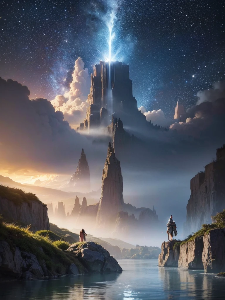 (8k, highest quality, masterpiece, final fantasy style: 1.2), (unRealistic, photoRealistic: 1.37), Dreamy landscape, Fantasy, Unsurreal landscapes, Super detailed, Flying Castle, Floating Island in the Sky, Seven-colored swirl of light, Intense lightning, milky way, Complex Light, Colored light, Large Lake, Starry sky reflected on the lake surface, Countless shining stars, Meteors, Reflections , (A pillar of light emanated from the ground:1,2), roses and orchids gardens , sunset, pink clouds, waterfalls in the sky, realistic style, Hyperrealism drawing, a flying pirate spaceship floating at the clouds level, burning skyscrapers, cyborgs, timeless realms, stunning princess , floating hair, pink lipstick, cute, naked shoulders , casting spell, healing light magic effect, in a magical lagoon of the fairyland, crystal clear water surface reflections, sharp focus, looking at viewer, (close-up:0.9), (bright white theme:1.2), (bright white tone:1.2), (deep blue tone:1.3), realistic, Hyperrealism,