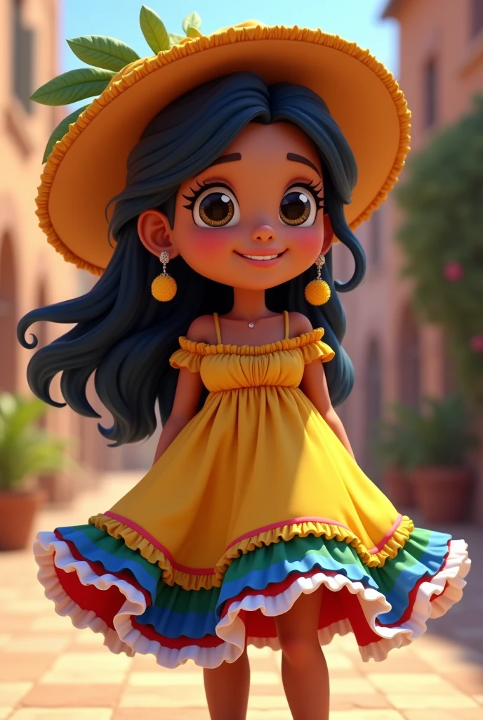 Animated girl with Colombian flag and wearing a Colombian cumbia dress