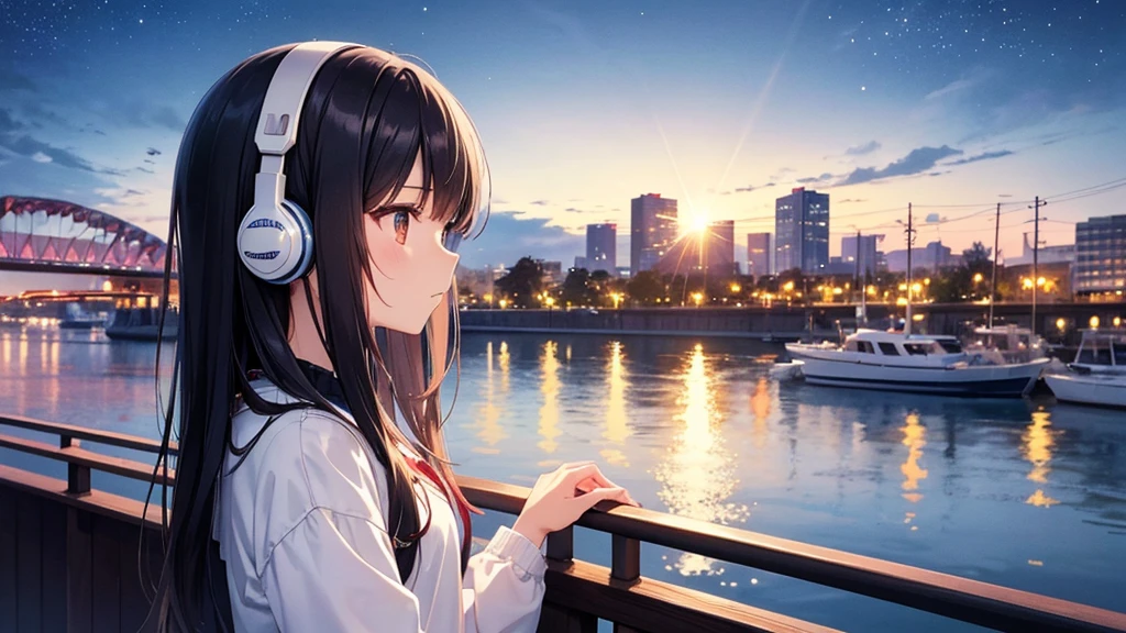 Enjoy boat racing at Suminoe Boat Races。A young girl with black hair wearing stylish clothes and headphones labeled "lo-fi" The girl is shown in profile, gazing into the distance with a calm, relaxed expression Background depicts the iconic scenery of Namba, Osaka at night, without any text on signs A starry night sky adding to the peaceful atmosphere Overall mood is quiet and serene, perfect for lo-fi music Detailed hair rendering and careful attention to the girl's fashionable outfit The entire scene should evoke a relaxing, introspective feeling associated with lo-fi music