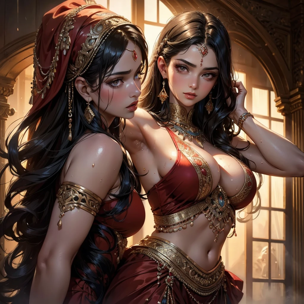 Single beautiful persian princess, wearing a fitted wet red sharara, long wavy black hair, visible sweat dripping from armpits, fully body covered in glistening sweat, big breasts, white skin, backside visible with detailed facial features, beautiful eyes and lips, extremely detailed face, long eyelashes, portrait, (best quality,4k,8k,highres,masterpiece:1.2),ultra-detailed,(realistic,photorealistic,photo-realistic:1.37),dramatic lighting, warm color tones, vibrant colors