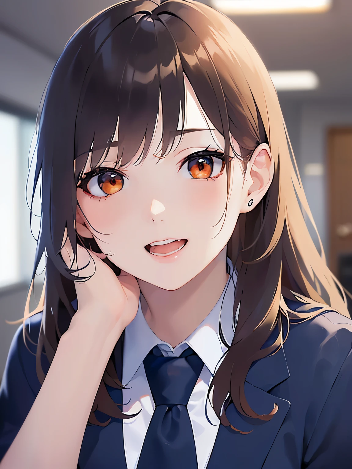 hand on own face, upper body, Realistic, real person, (pale skin: 1.2), RAW photo, photorealistic, shiny skin, shiny hair、(A 25-year-old woman with medium-length hair and bangs) and (wavy hair) and (brown hair) and (orange eyes) , BREAK (Navy blue business suit:1.5) and (white collared shirt) BREAK、smile, open mouth, Background is an office room、Alone、Are standing
