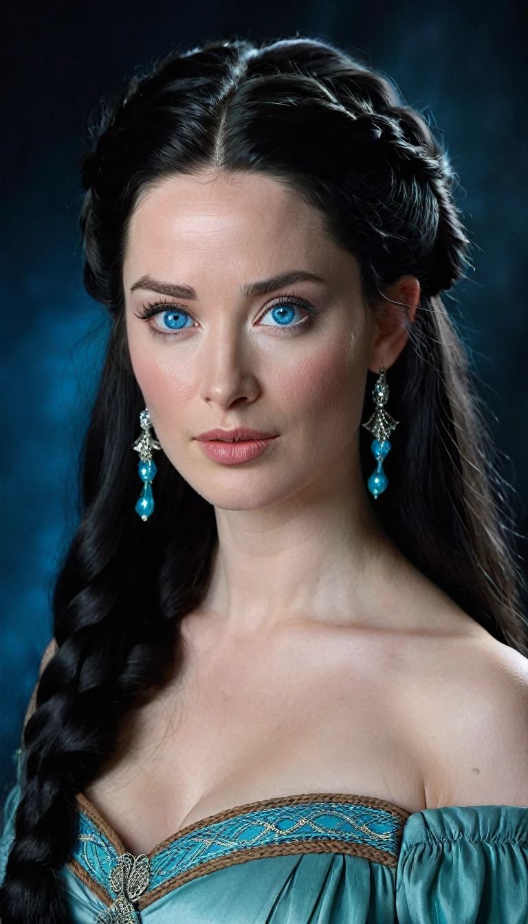 ARWEN (( THE LORD OF THE RINGS)), BEAUTIFUL BLACK HAIR WOMAN, HUGE LONG BLACK HAIR, VOLUMOUS HAIR, BRAIDED HAIR, EXPOSED TIP EARS, VERY PALE SKIN, TURCOISE BLUE EYES, EXPRESSIVE TURCOISE EYES, LOVELY FACE EXPRESSION, CLOSED MOUTH, ROSY CHEEKS, HIGH CHEEKBONES, MENTAL FORAMEN, STRAPLESS CLEAVAGE, FRONTAL ANGLE SHOT, DARK BACKGROUND, DIFUSED LIGHTS, MASTERPIECE