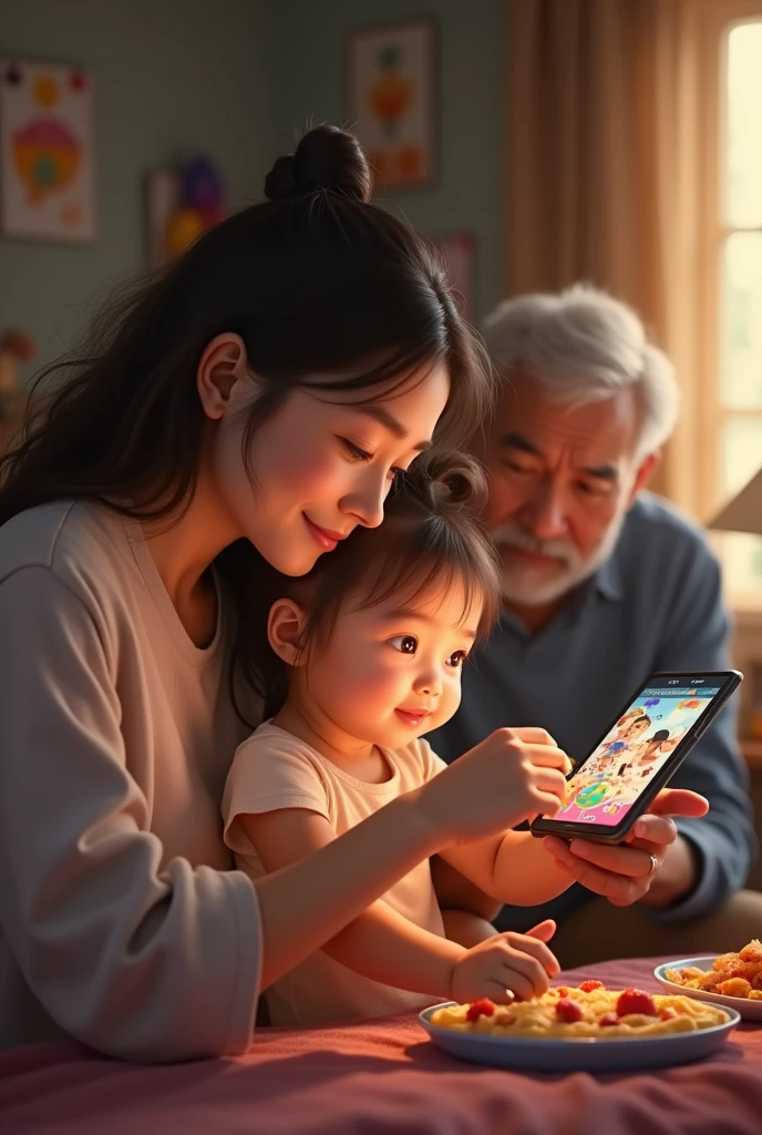 Mother giving food to 2 year old child and child watching cartoon on mobile.grandhather keep monile phone on hand and child baby girl watching in room