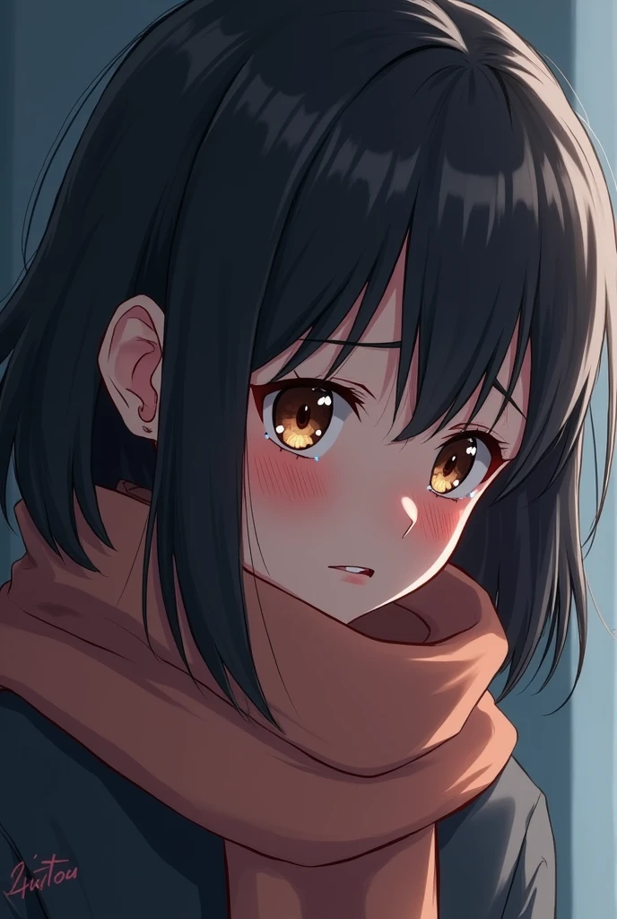 anime kid girl mid hair wearing a scarf her head down without eyes with fear in her eyes with tears flowing down her cheeks