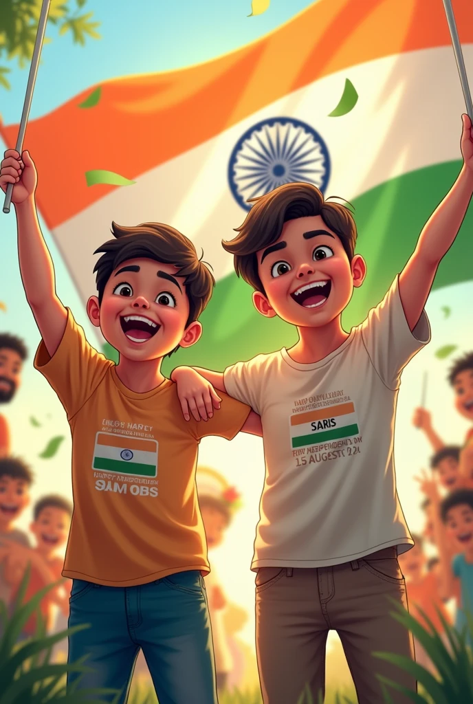 "indian flag There hands "
Two "AI" boys enjoy and celebrates Indian Independence day !
There indian traditional shart front side with the name "S A R I F " "J A R J I S " written on "Happy Independence Day"
" 15 august 2024 "!
