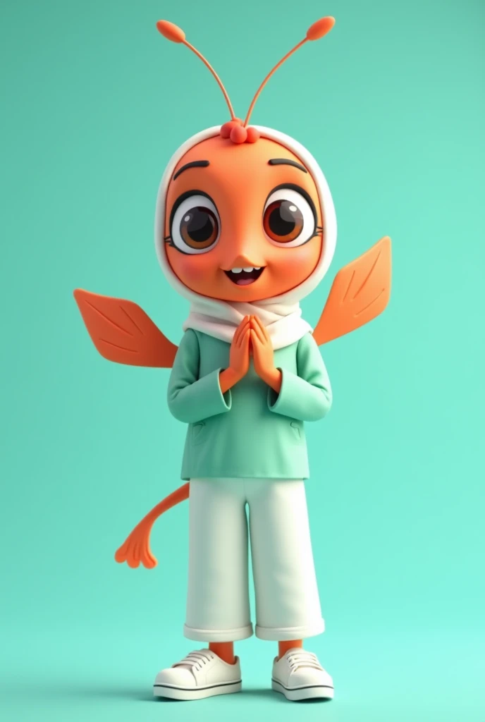 Create an 4D realistic animated character named [Suster], designed to be the iconic mascot for Clinic health of Sidoarjo, in the style of cartoon pixar movie animation. [Suster] is a 20 yo charming cute shrimp with a unique twist —he has human-like arms and legs. Her large, round brown eyes are full of energy and friendliness, inviting everyone to engage with her. Suster wears  full hijab and the fish fin antenne seem out from hijab, and a light green muslim doctor, Her feet are clad in bright white canvas sandals, adding a playful and youthful vibe to his appearance.  The overall design should exude warmth, approachability, and a sense of pride in representing the vibrant city of Sidoarjo. A cheerful cartoon Suster character with pose  stands in a dynamic pose, make the character's hands clasped to indicate appreciation and respect for the audience. smile with the upper teeth only slightly visible. while its legs are clad in long white culottes and white sneakers. The background is a soft turquoise, enhancing the lively and playful vibe of the character.