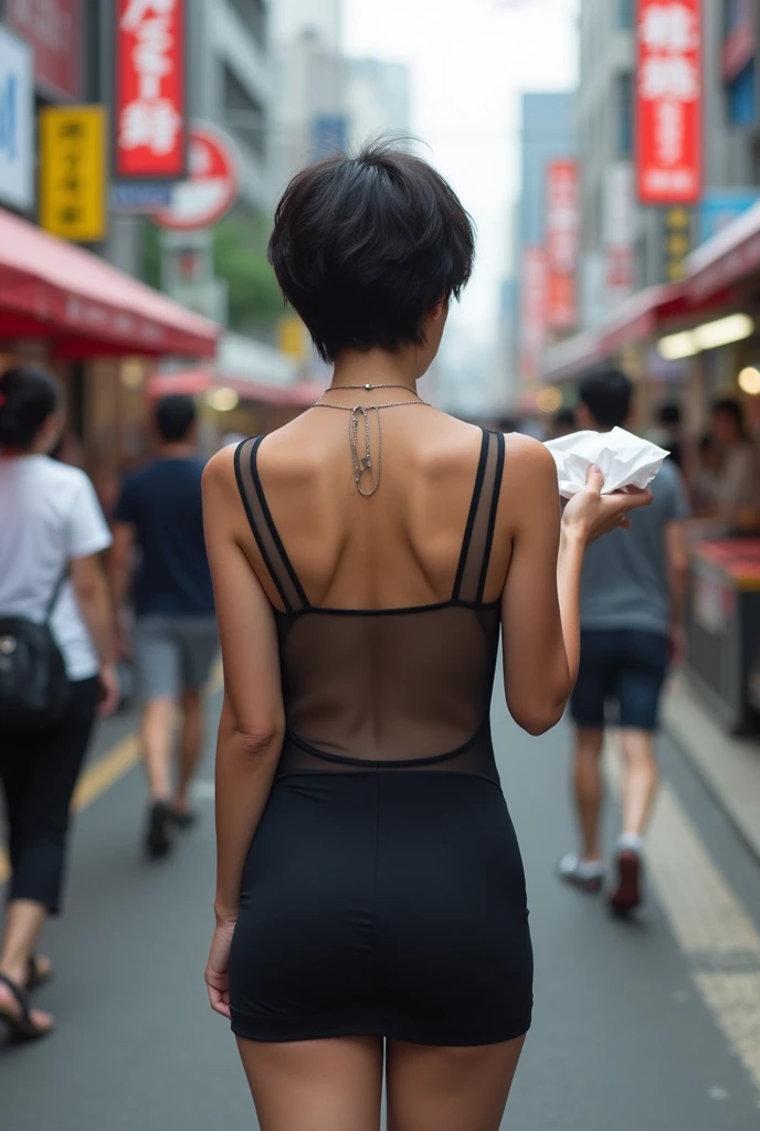 (NSFW:1.5), 1 Female, Age 50, Japanese, Beautiful mature woman, Heavy makeup, Handing out tissues to passersby on the street, Back view, turn around, A thin stretch see-through blouse and a body-conscious black mini skirt、The stretch blouse digs into my skin、(( face)), In the heat of 39 degrees Celsius, Feeling dizzy and red in the face, Open Mouth, {{{Vulgar}}}, (Enormous breasts),  Short Hair, (Perfect Anatomy), (Vulgar), ((Sweat soaks through the thin stretch bodysuit)), Mastepiece, It&#39;s photorealistic, background: Shibuya in midsummer