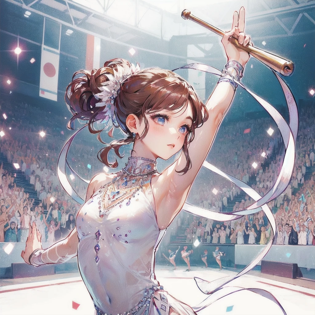 masterpiece, (textured skin), best quality, gorgeous beautiful girl, (a female rhythmic gymnastics athlete), detailed clothes,large breasts,narrow waist,, (beautiful face), cinematic lighting, (at rhythmic gymnastics venue ),