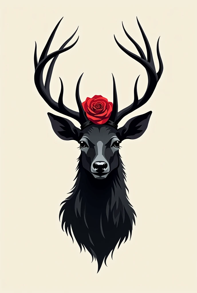 a simple brand logo of black majestic deer head, with red rose in between its horn