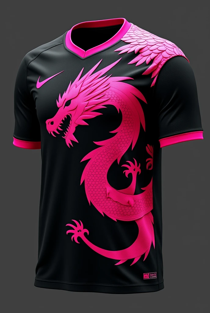 Brazilian football uniform ,with the color black and a giant pink dragon on the shirt,with pink scale on the right shoulder, we brand nike